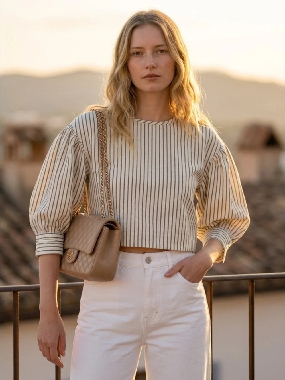 Tuckernuck Blue Linen Stripe Puff Sleeve Edie Top